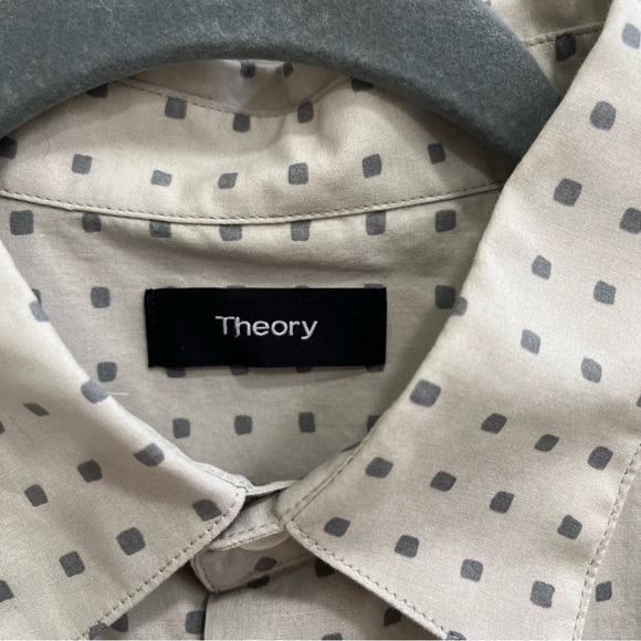 Theory Shirt Mens Bruner Dot Print Beige Gray Stretch Cotton Button Up Small EUC - Picture 7 of 9